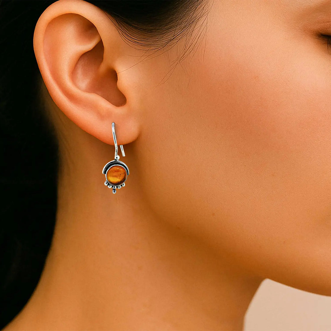 Silver Drop Earrings with Amber-Colored Stone- Made With Pure 925 Silver
