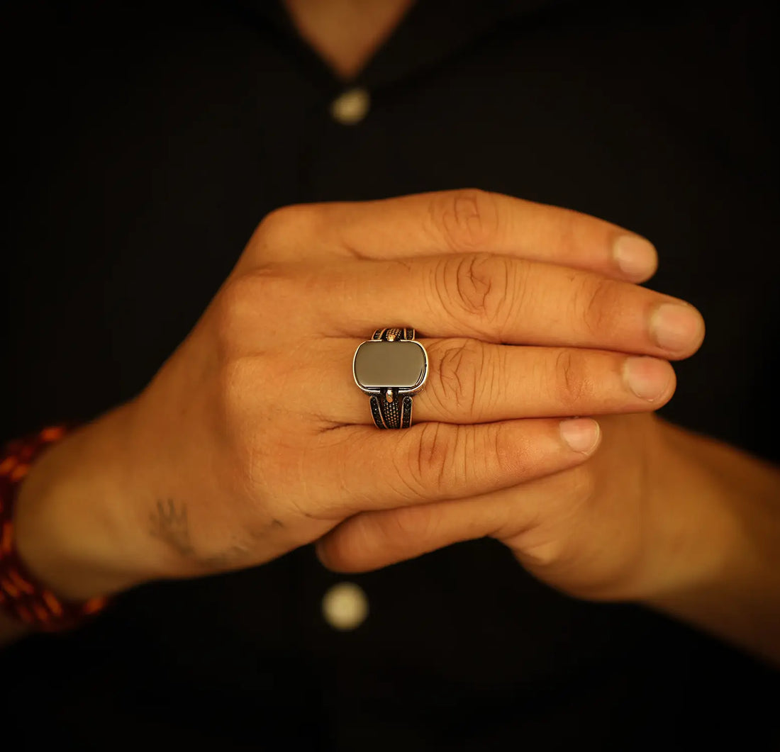 Pure Silver Black Onyx Rectangular Ring - Made With Pure 925 Silver