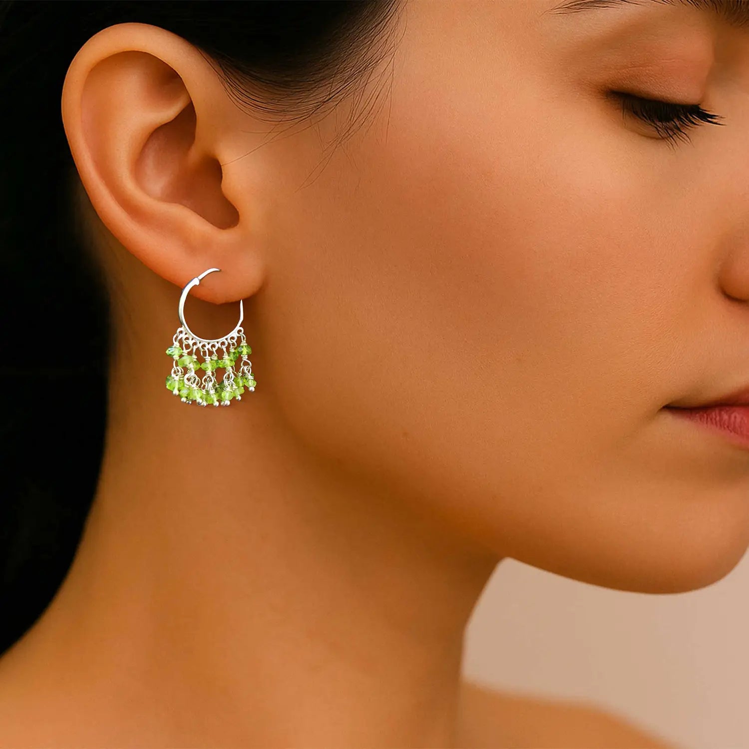 Pure Silver  Earrings with Green Bead Clusters- Made With Pure 925 Silver