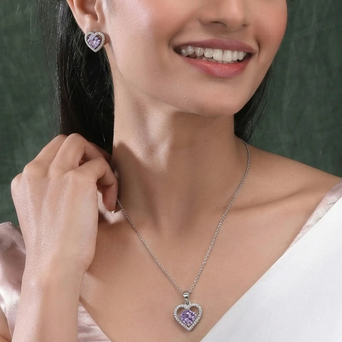Luxury Pure Silver Purple CZ Heart Pendant Set with Earrings - Made With Pure 925 Silver