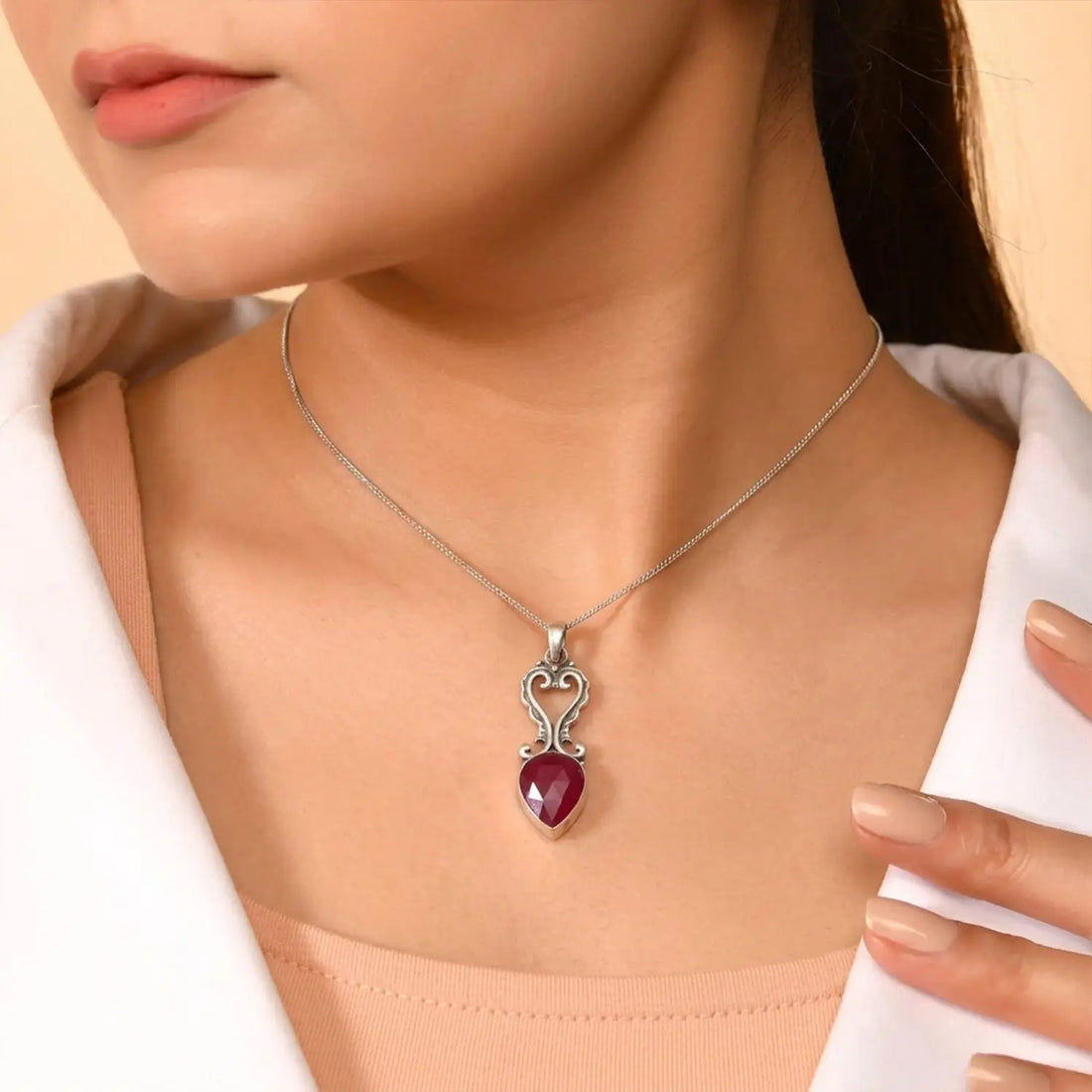 Elegant Ruby Heart Sterling Silver Pendant Set - Made With Pure 925 Silver