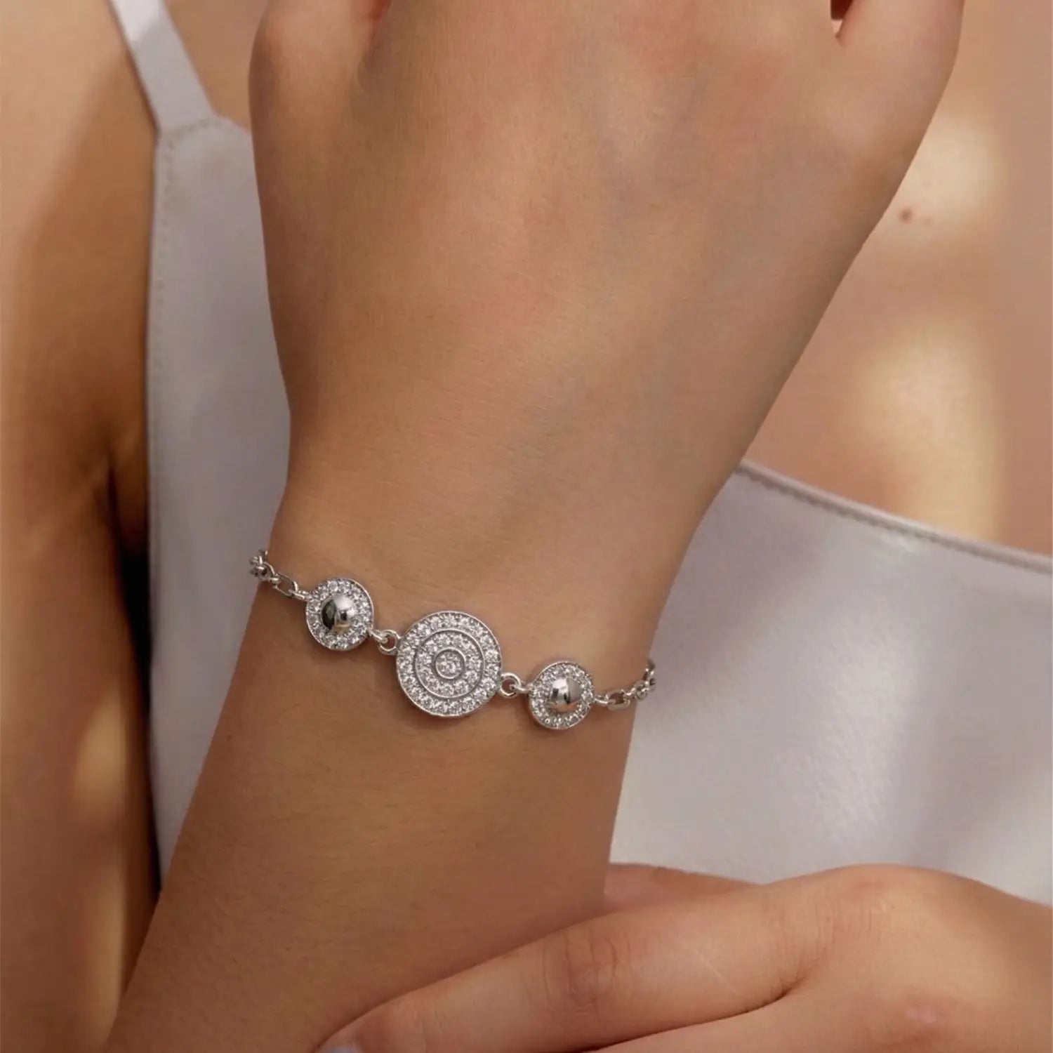 Elegant Circular Charm CZ Pure Silver Bracelet - Made With Pure 925 Silver