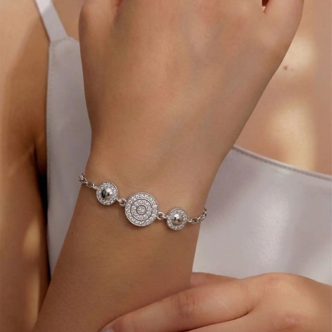 Elegant Circular Charm CZ Pure Silver Bracelet - Made With Pure 925 Silver