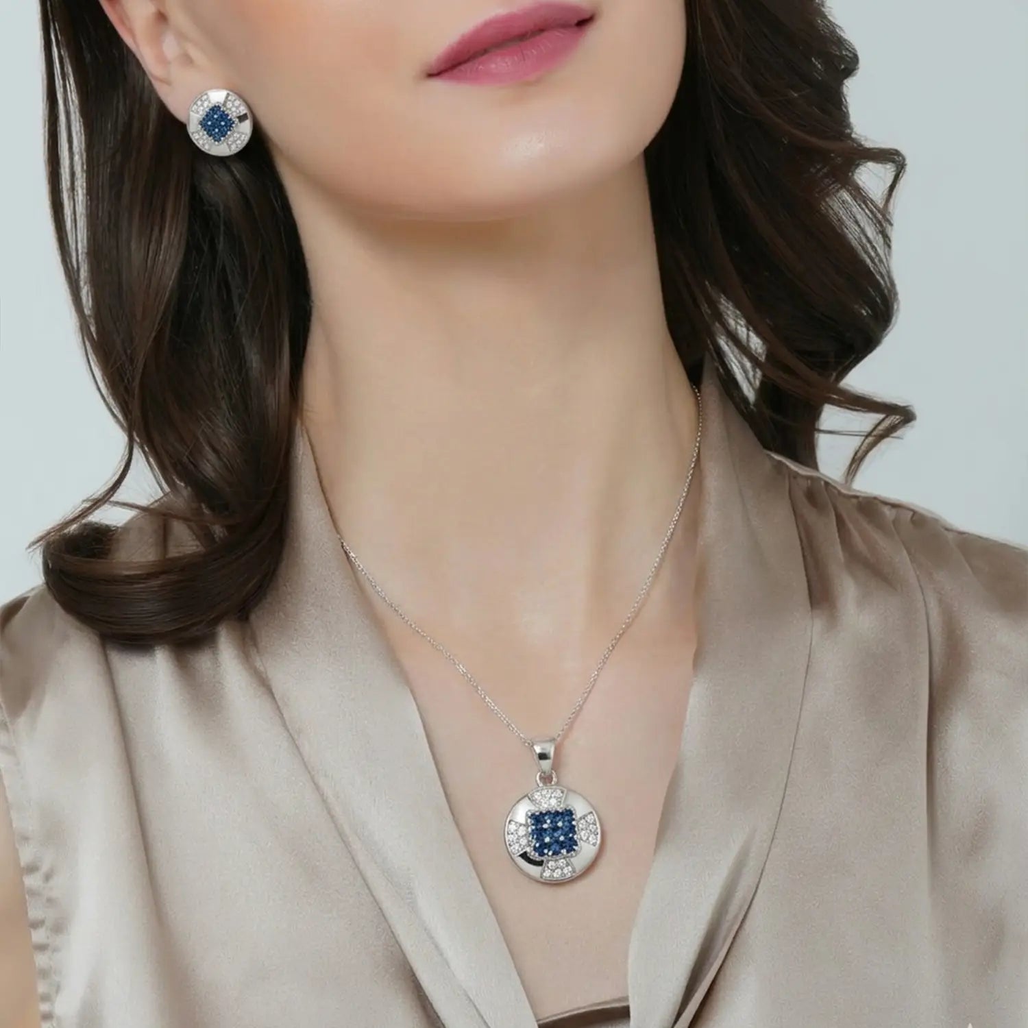 Elegant Pure Silver Blue CZ Round Pendant Set - Made With Pure 925 Silver