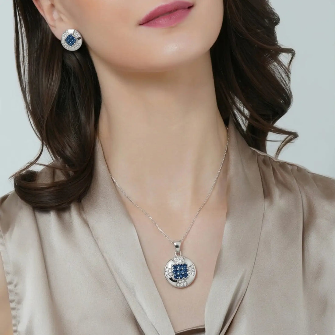 Elegant Pure Silver Blue CZ Round Pendant Set - Made With Pure 925 Silver