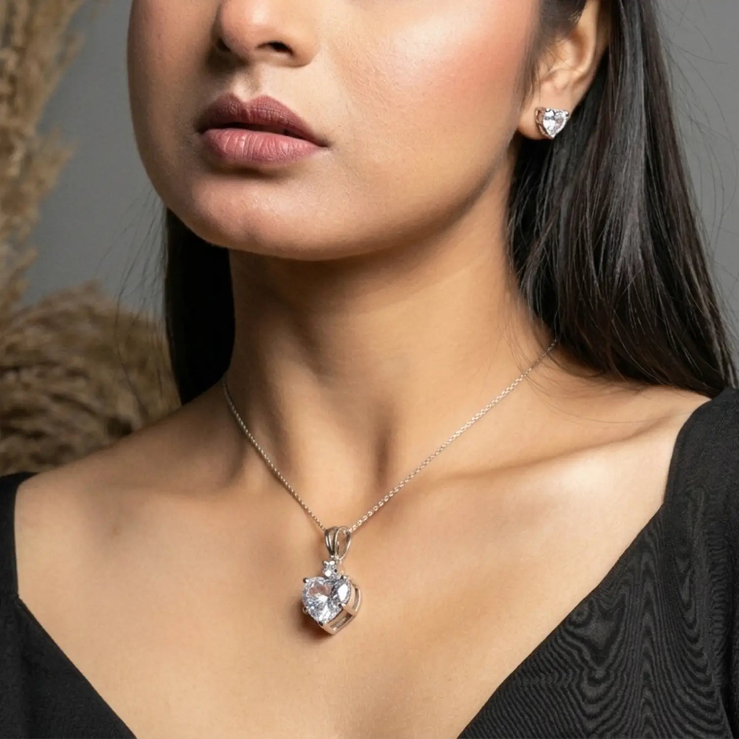 Elegant Pure Silver Heart CZ Pendant Set with Earrings - Made With Pure 925 Silver