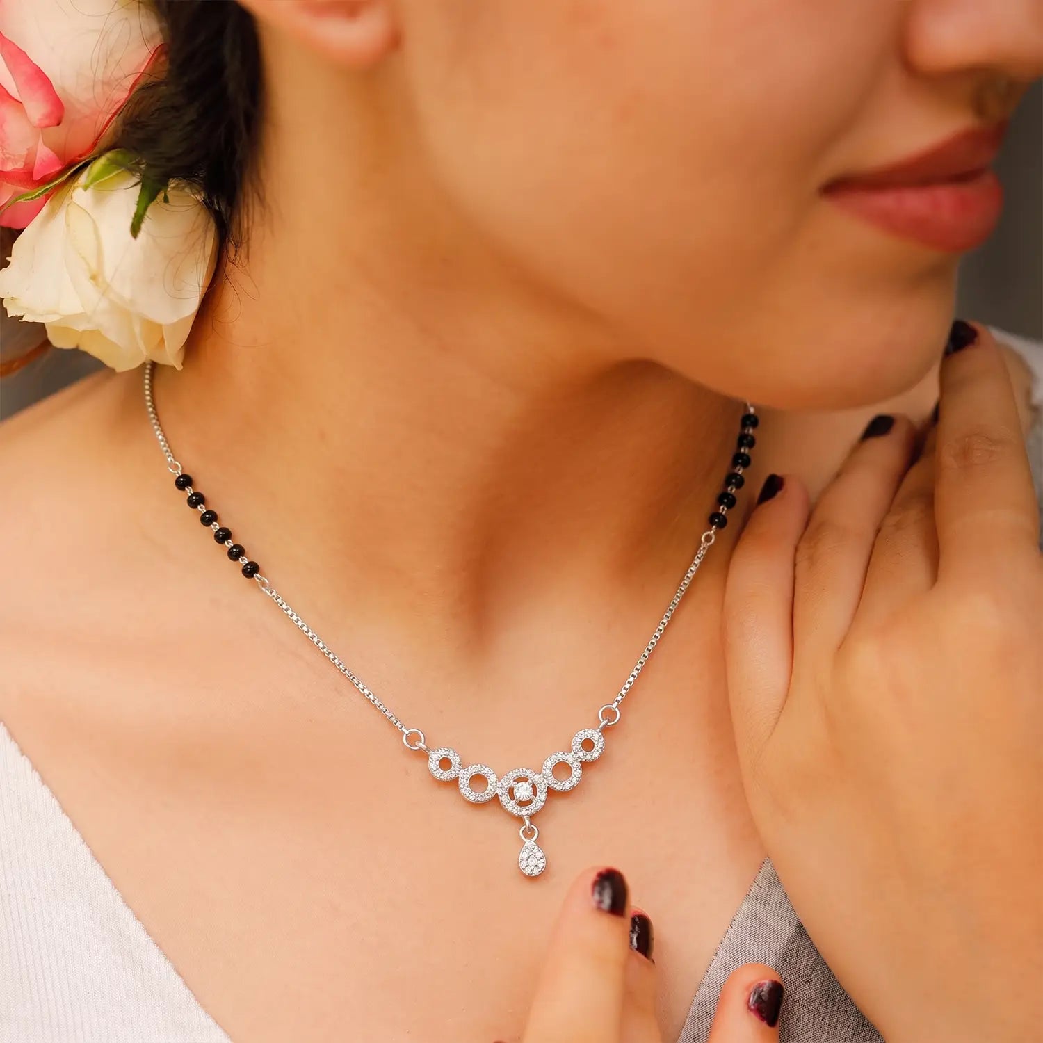 Elegant CZ Circle Drop Silver Mangalsutra - Made With Pure 925 Silver