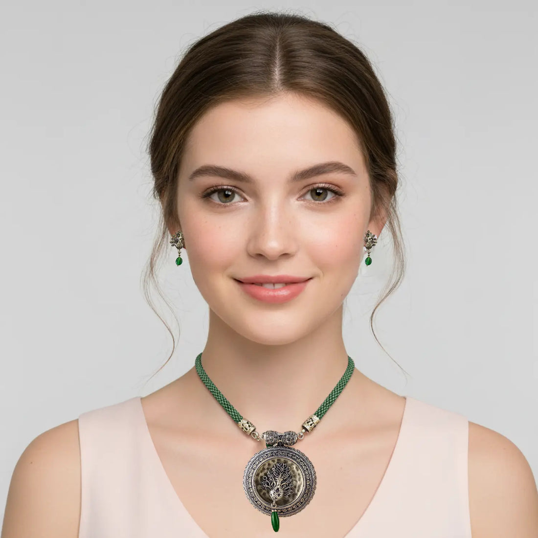 Antique Silver Peacock Necklace Set with Green Beaded Chain- Made With Pure 925 Silver