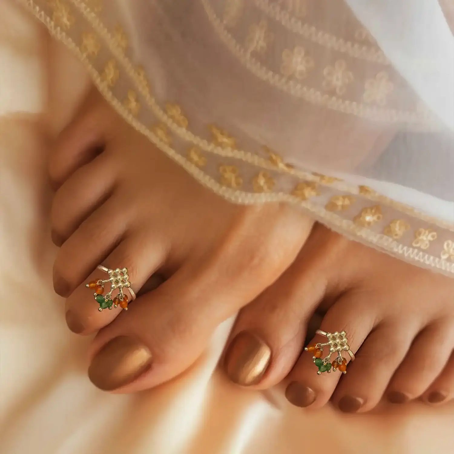 Pure Silver Toe Rings with Colorful Beads- Made With Pure 925 Silver
