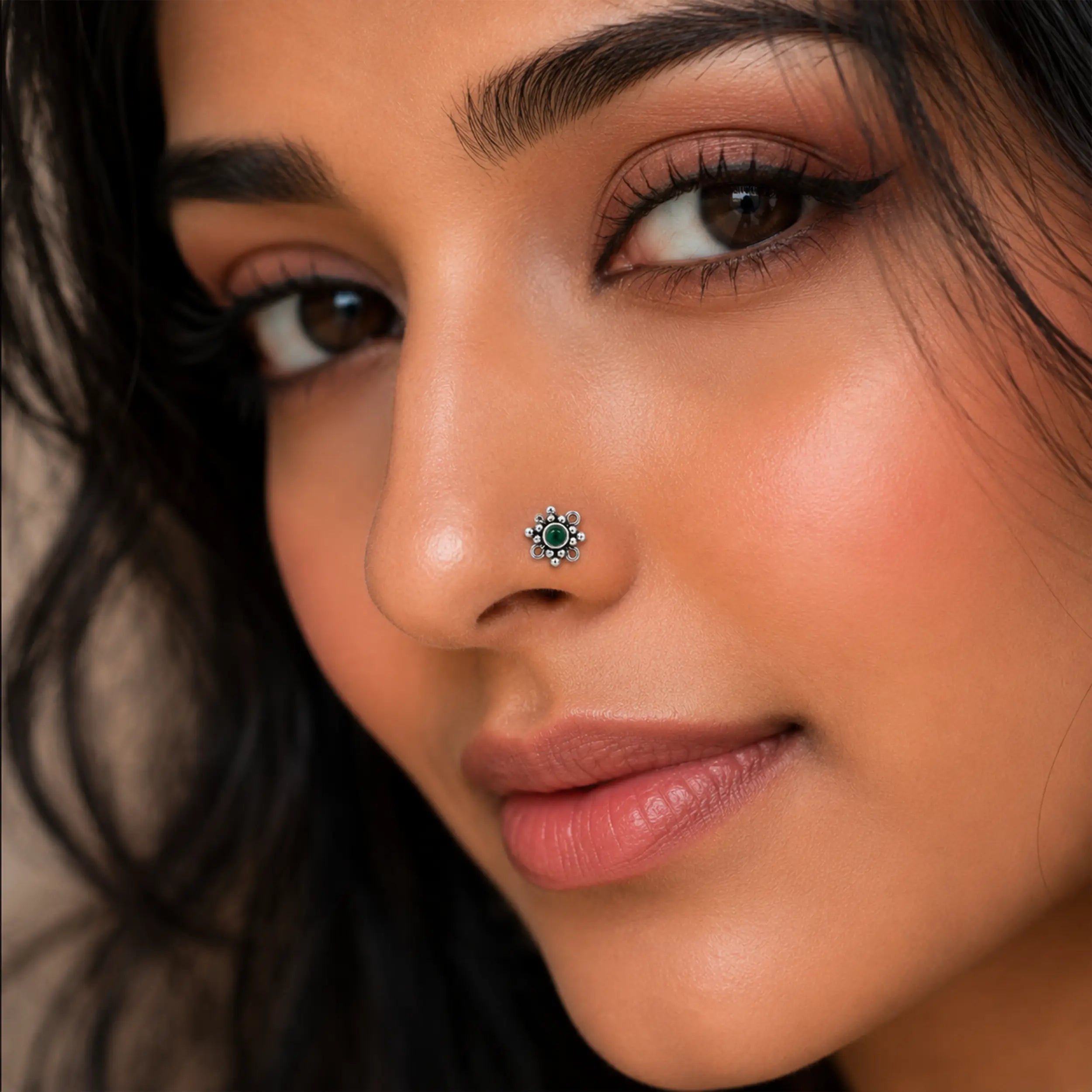 Antique Oxidised Silver Floral Nose Pin- Made With Pure 925 Silver