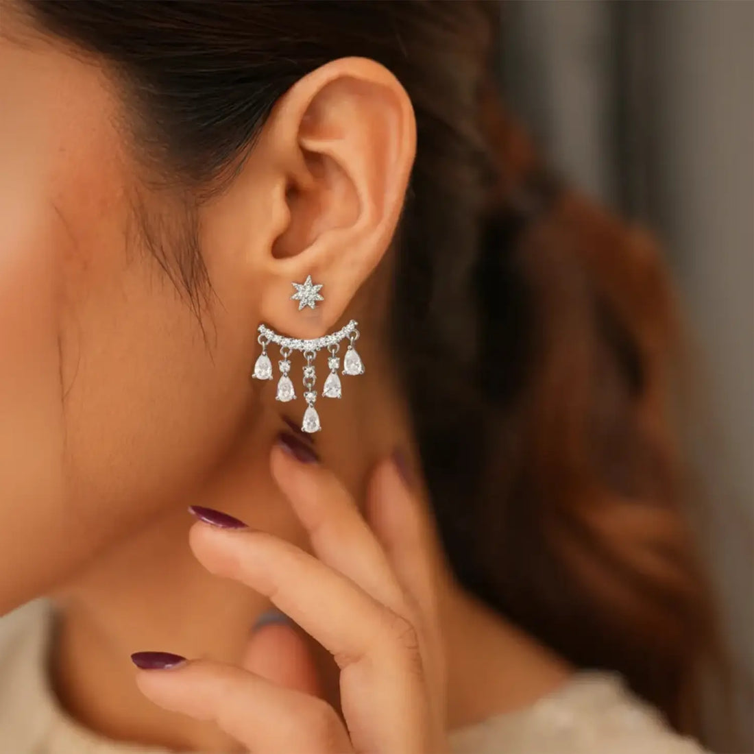 Celestial Sparkle Silver Ear Jacket Earrings- Made With Pure 925 Silver
