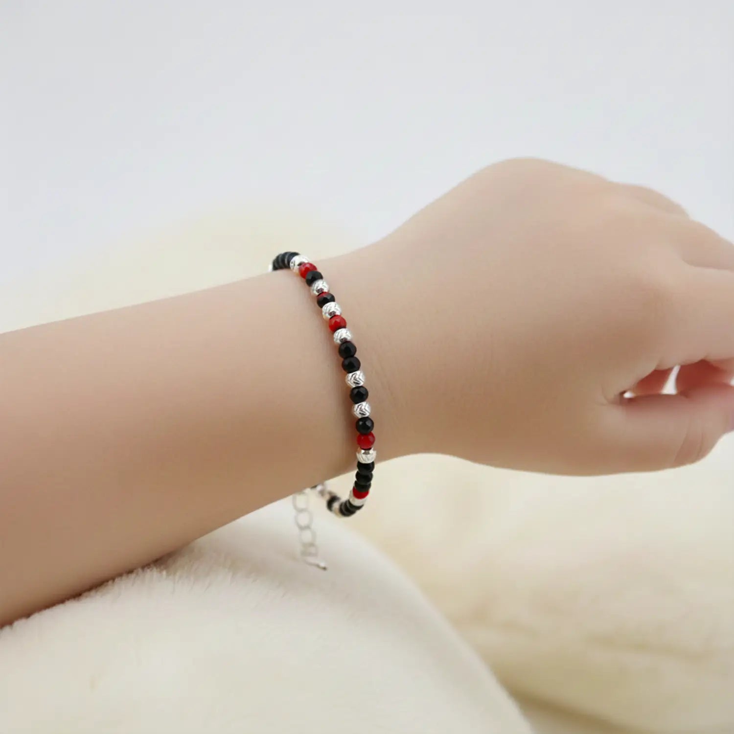 Pure Silver Kids Black–Red Beads Bracelet- Made With Pure 925 Silver