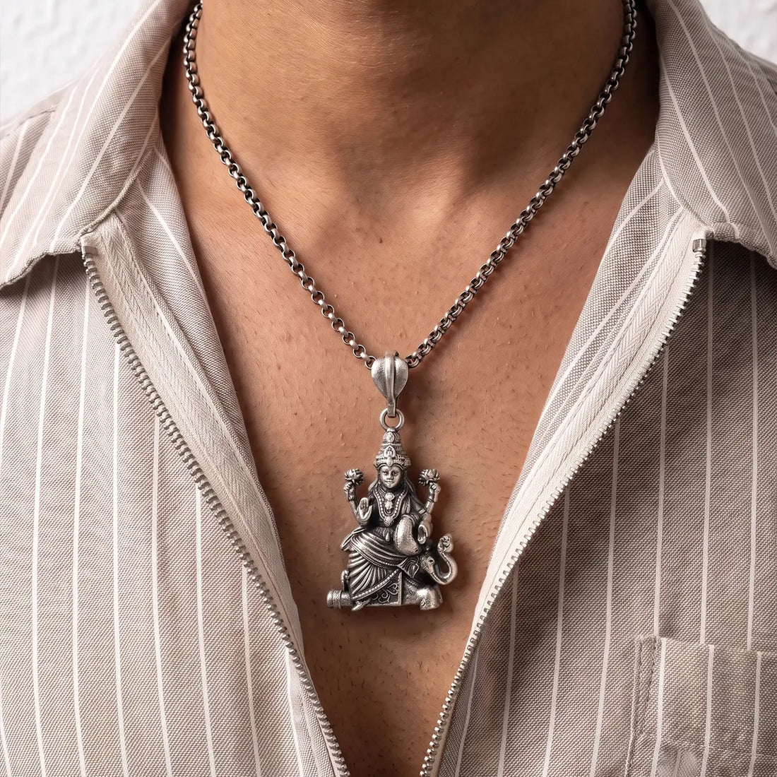 Divine Goddess Lakshmi Oxidised Silver Pendant - Made With Pure 925 Silver