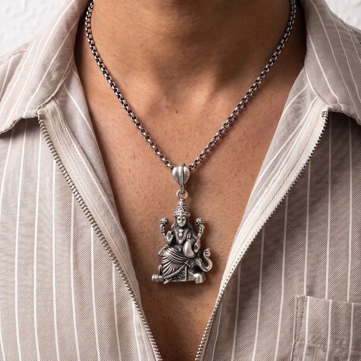 Divine Goddess Lakshmi Oxidised Silver Pendant - Made With Pure 925 Silver
