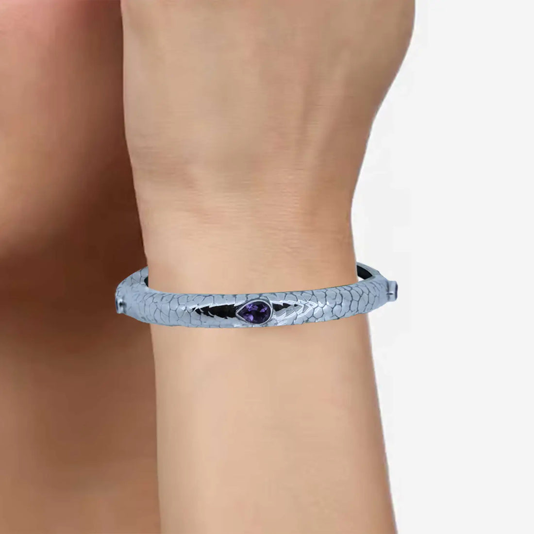 Textured Pure Silver Kada with  Purple Stones- Made With Pure 925 Silver