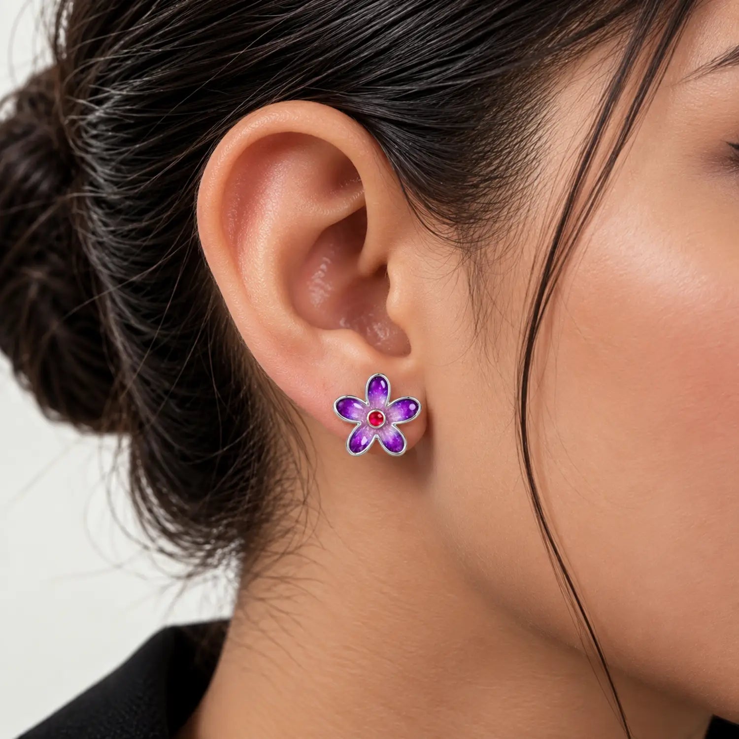 Purple Floral Enamel Silver Stud Earrings - Made With Pure 925 Silver