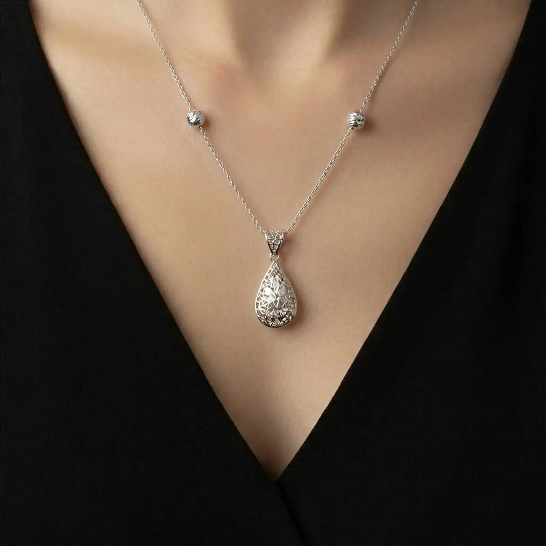 Elegant Teardrop Cutwork Pure Silver Necklace Set- Made With Pure 925 Silver