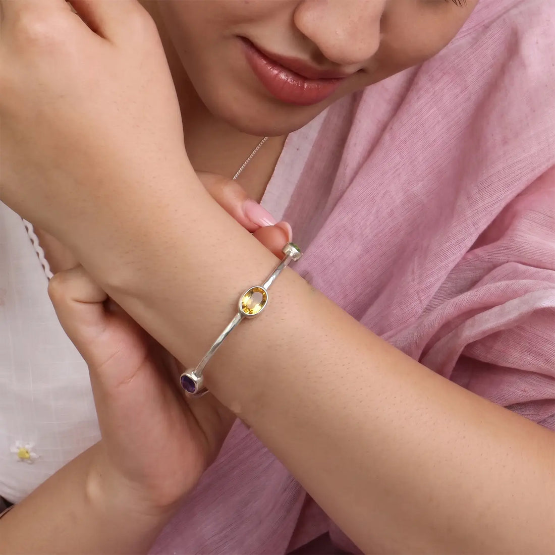 Multi-Gemstone Pure Silver Bangle Set- Made With Pure 925 Silver