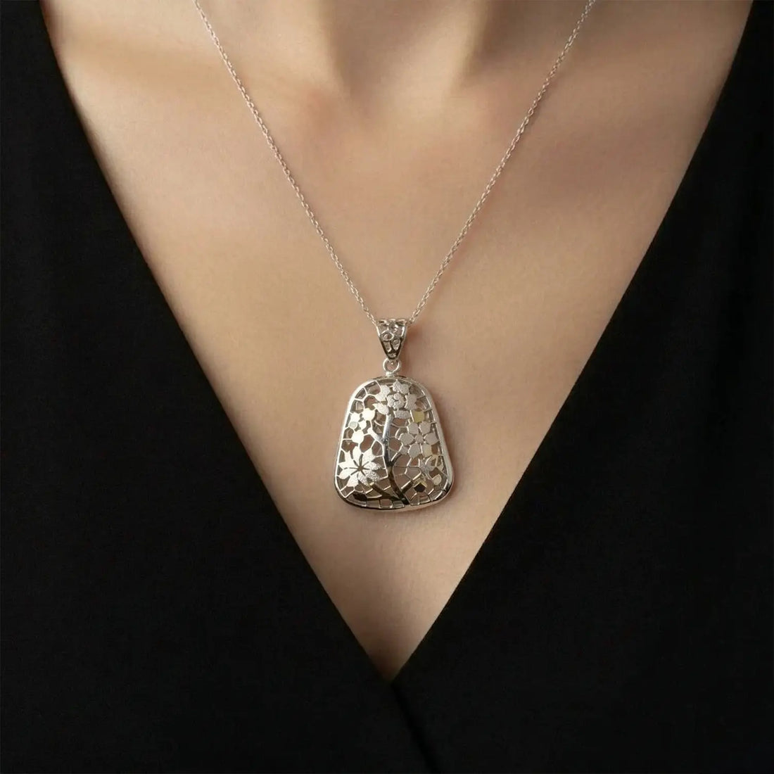 Elegant Floral Mosaic Pure Silver Pendant & Earrings Set - Made With Pure 925 Silver