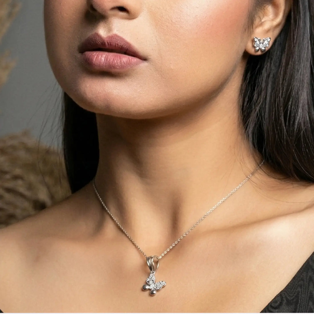 Elegant Pure Silver Butterfly CZ Pendant Set with Earrings - Made With Pure 925 Silver