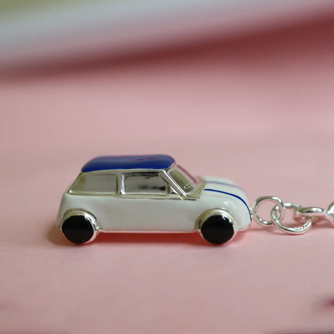 Pure Silver Car Keychain with Blue Enamel Finish - Made With Pure 925 Silver