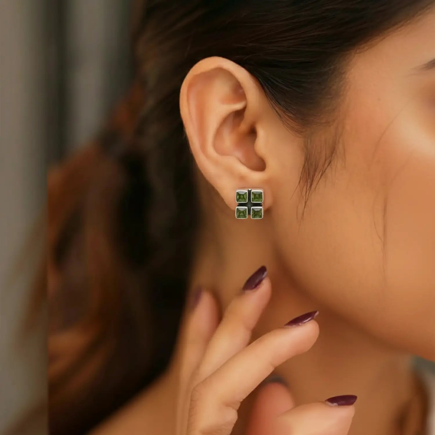 Green Stone Square Cluster Pure Silver Stud Earrings- Made With Pure 925 Silver