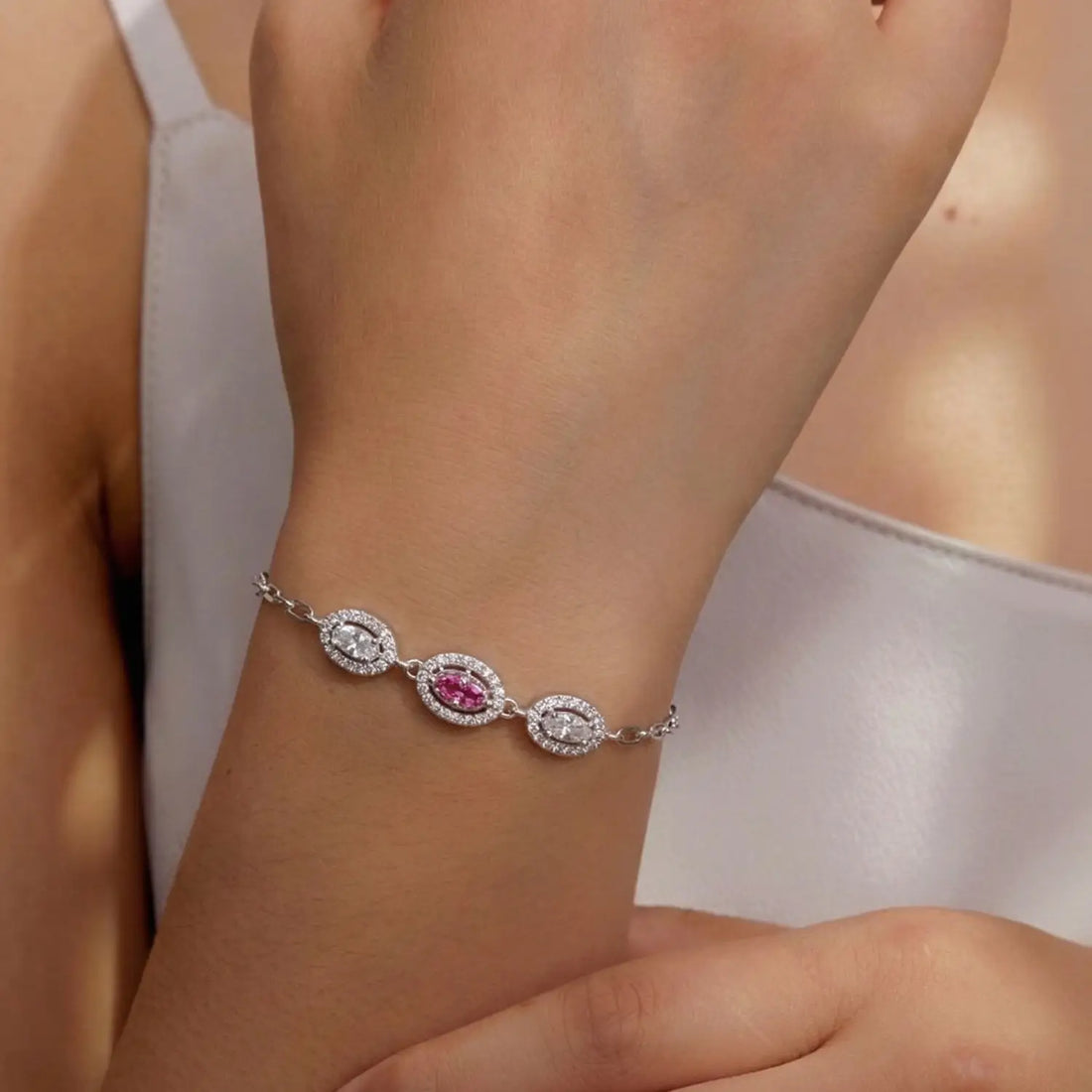 Elegant Pink Oval CZ Pure Silver Bracelet - Made With Pure 925 Silver