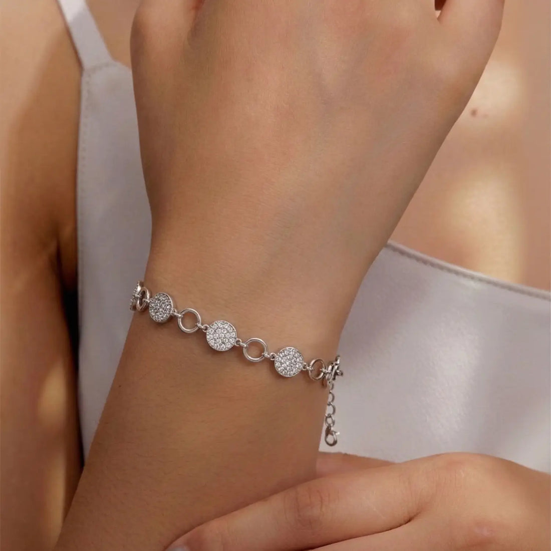 Elegant Circle Link CZ Pure Silver Bracelet - Made With Pure 925 Silver