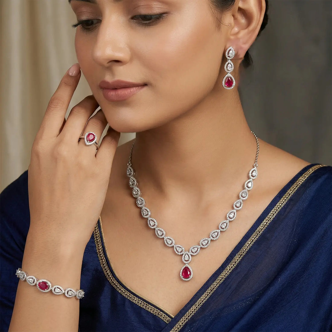 Royal Ruby Drop CZ Pure Silver Jewellery Set- Made With Pure 925 Silver