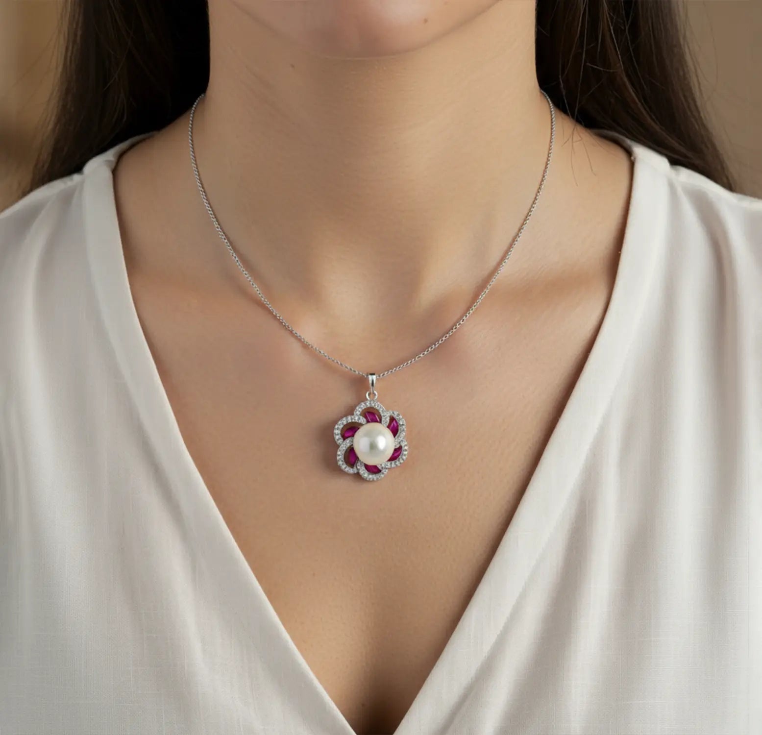 Elegant Pearl & Ruby Floral Silver Pendant - Made With 925 Pure Silver