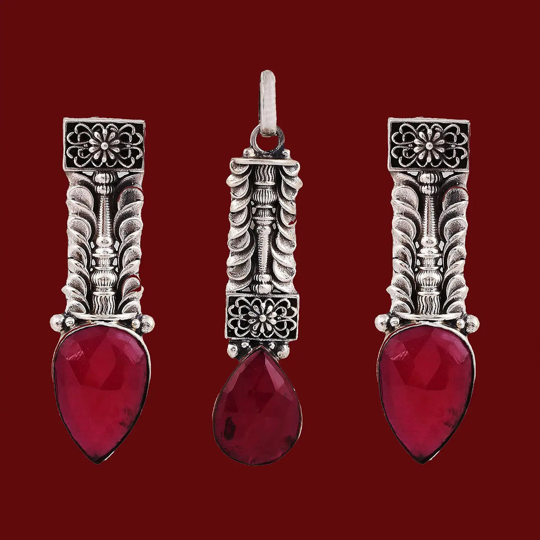 Antique Silver Pendant Set with Deep Red Stone- Made With Pure 925 Silver