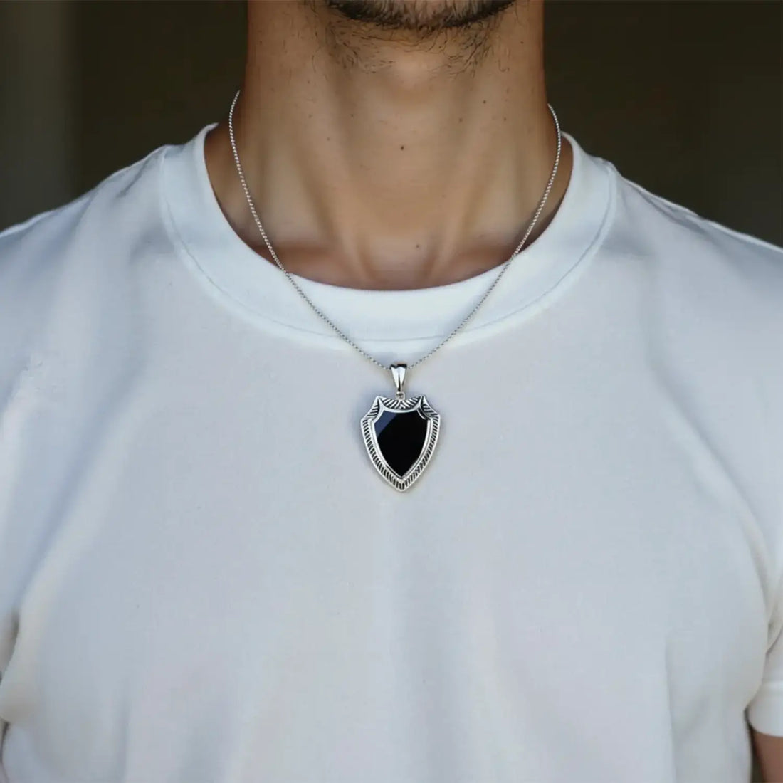 Black Onyx Shield Pure Silver Pendant- Made With Pure 925 Silver