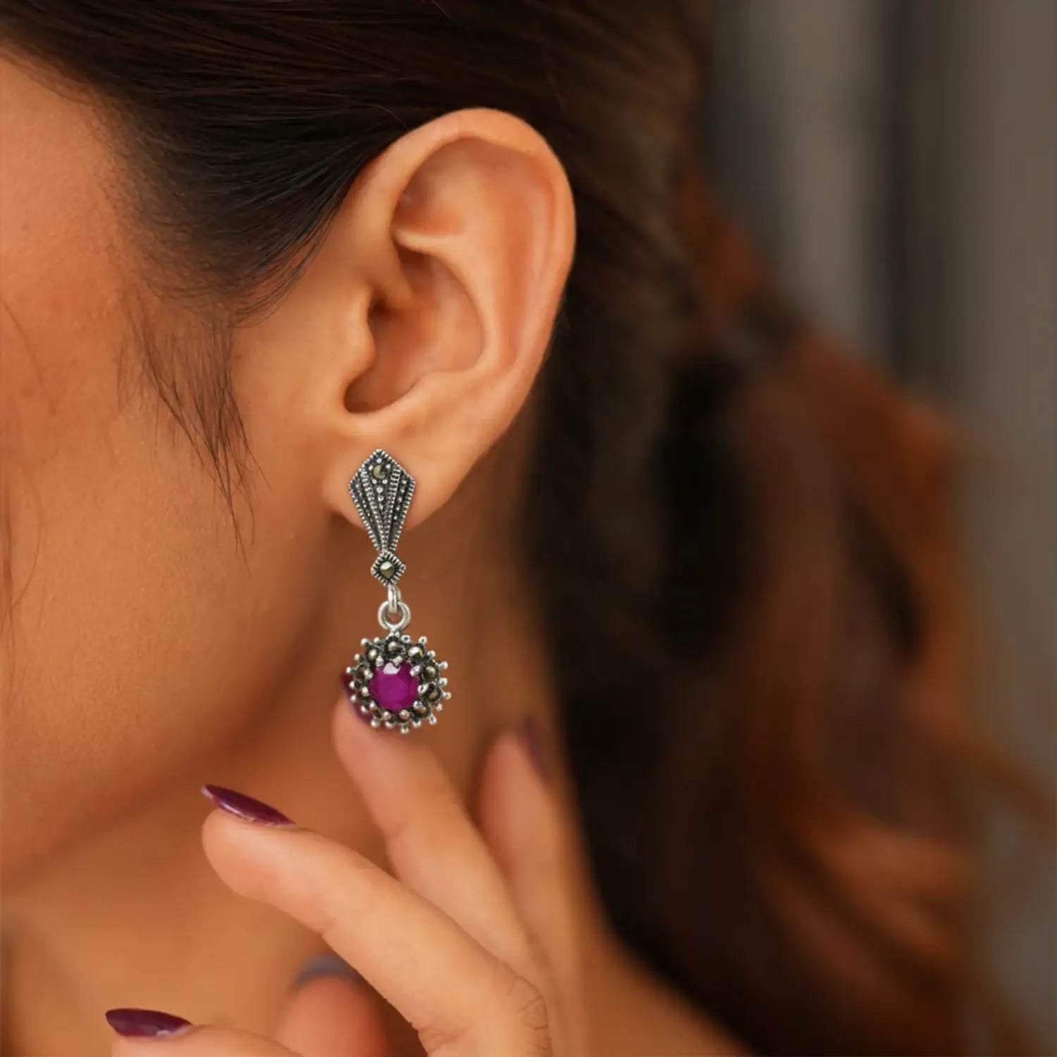 Ruby Bloom Oxidized Silver Drop Earrings- Made With Pure 925 Silver