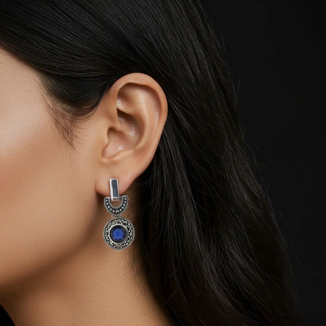 Midnight Blue Oxidized Silver Drop Earrings - Made With Pure 925 Silver