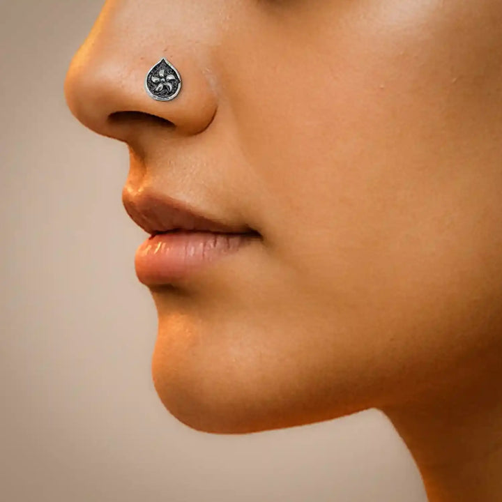 Oxidised Silver Teardrop Mandala Nose Pin- Made With Pure 925 Silver