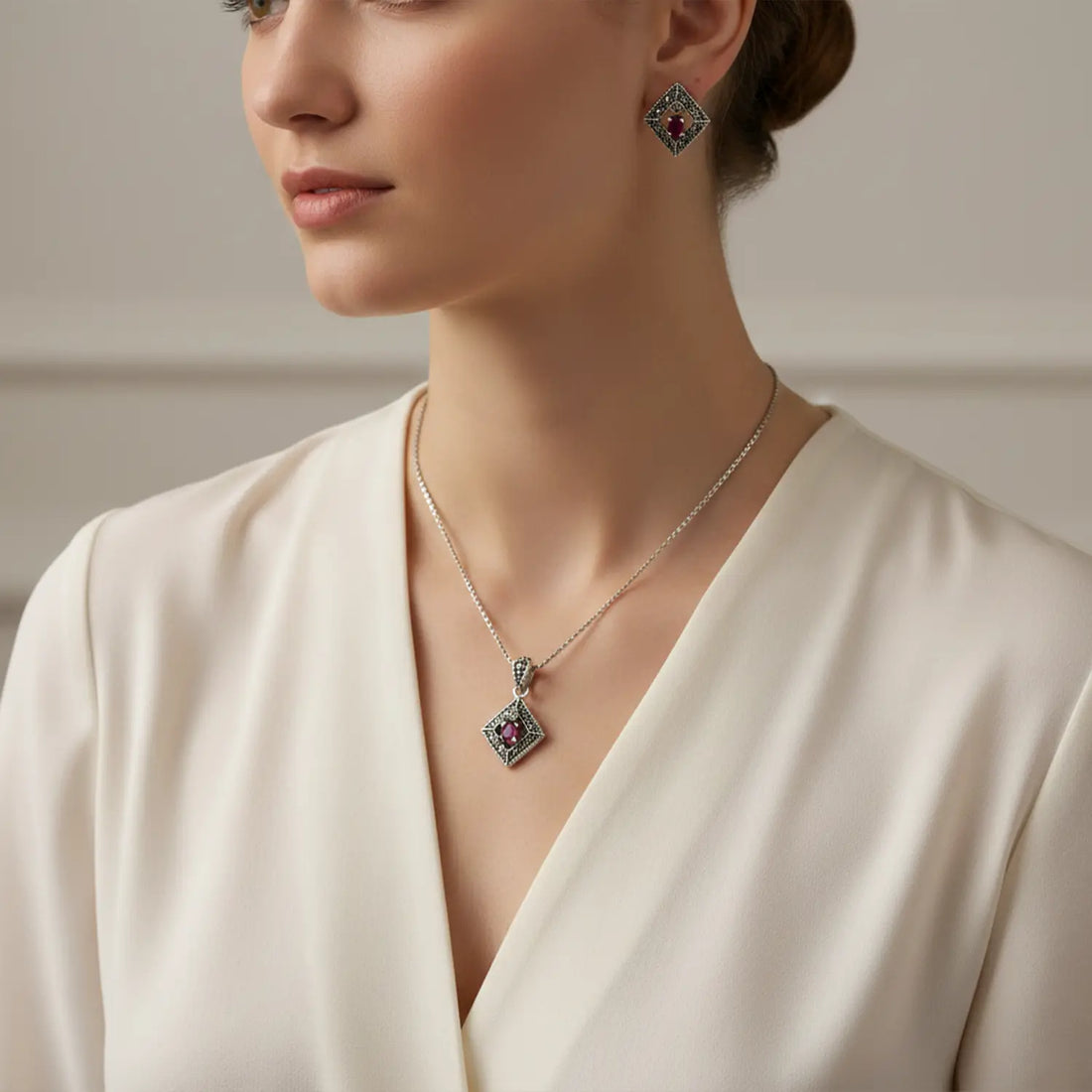 Oxidised Silver Ruby Stone Pendant & Earring Set - Made With Pure 925 Silver
