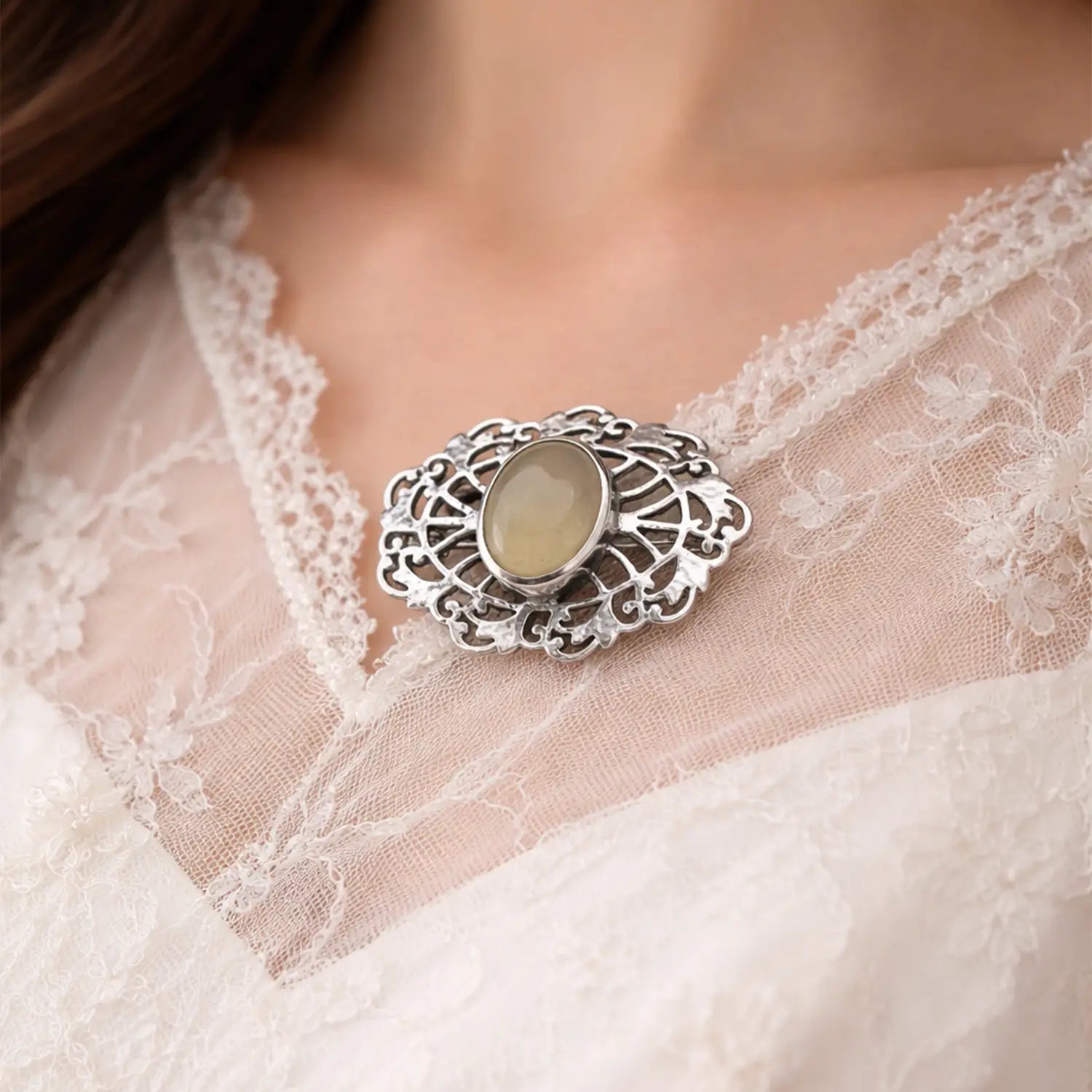Elegant Oval Stone Sterling Silver Brooch- Made With Pure 925 Silver