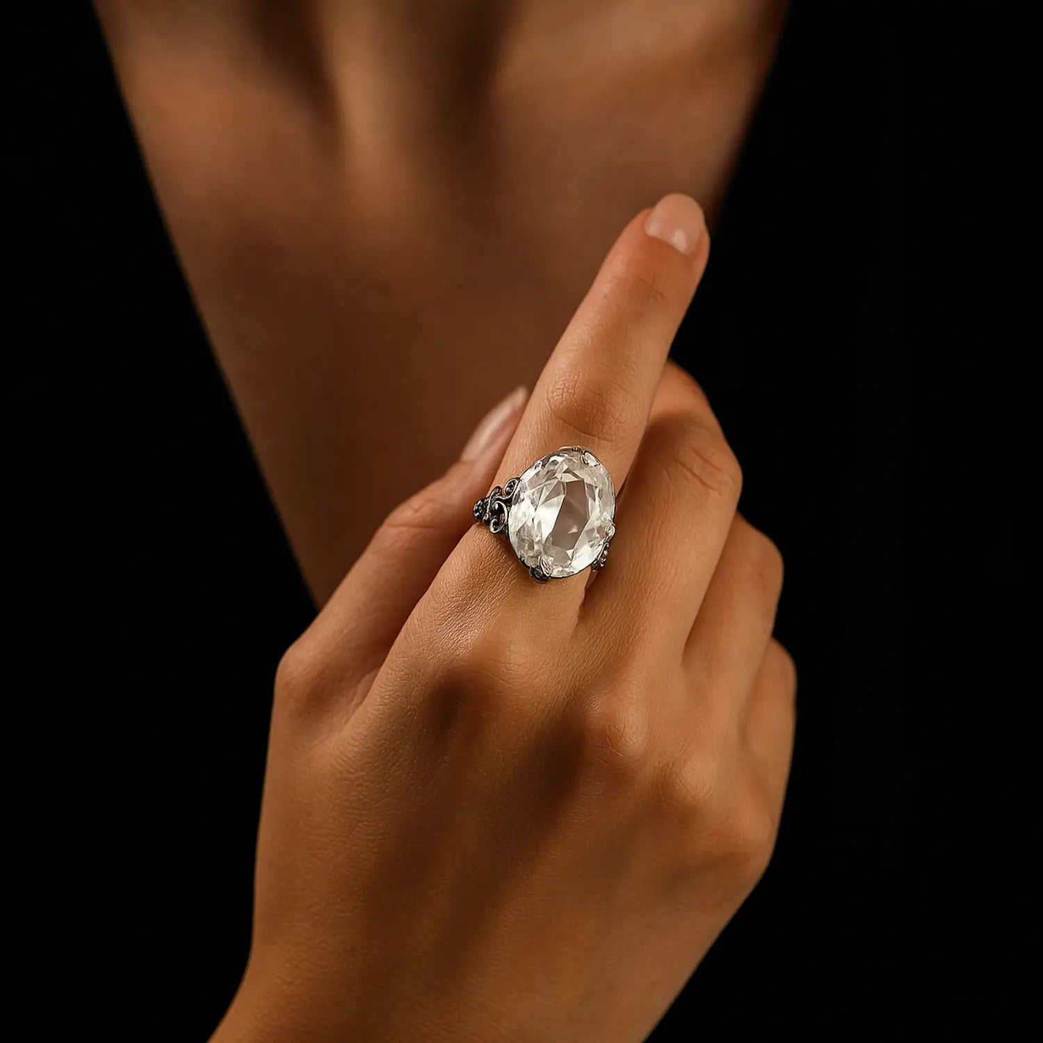 Vintage-Inspired Pure Silver Ring with Transparent  Stone - Made With Pure 925 Silver