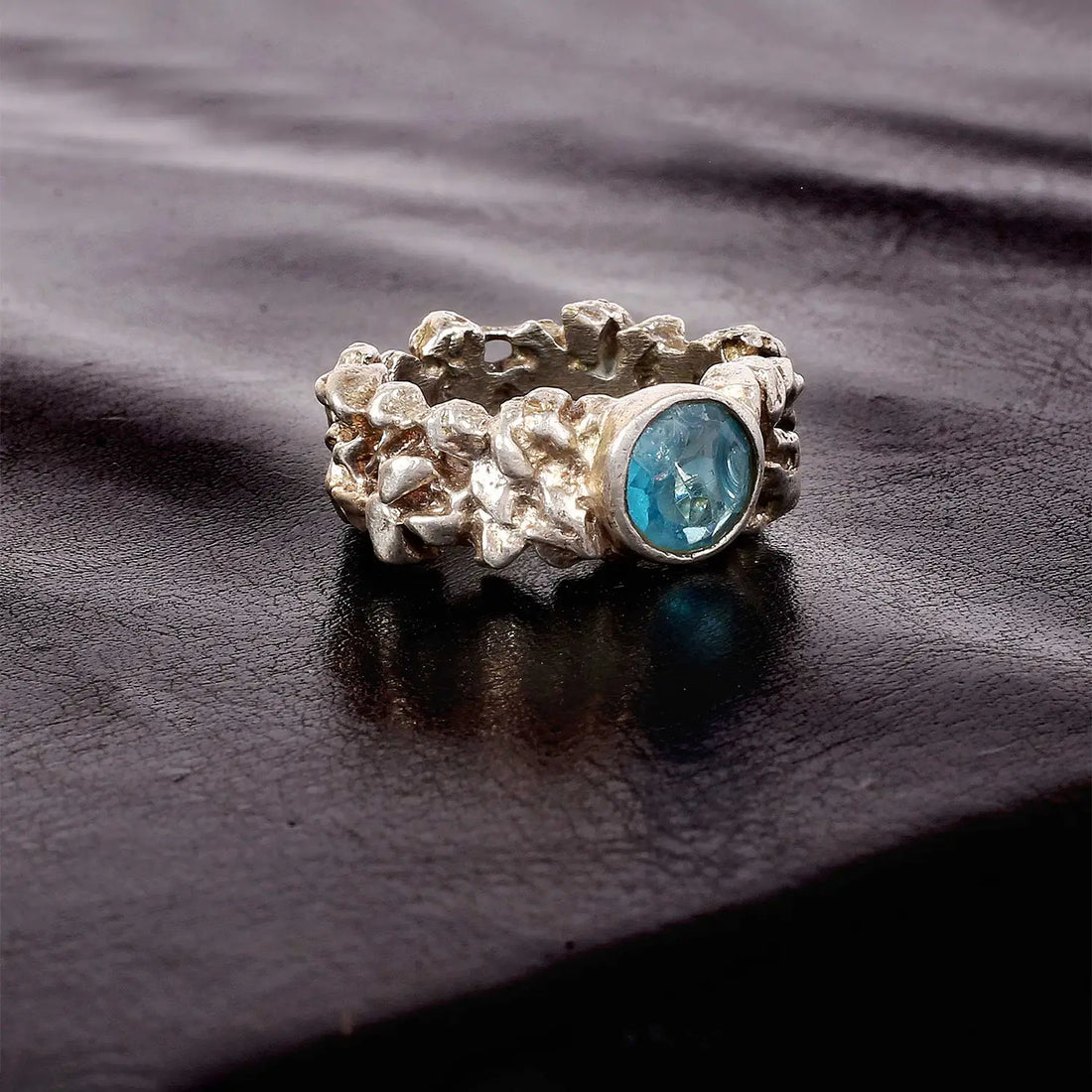 Organic Textured Silver Ring with Blue Stone- Made With Pure 925 Silver