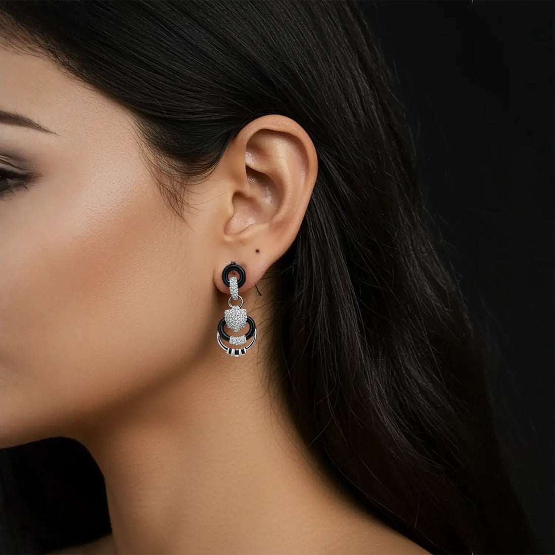 Chic Silver Drop Earrings with Black Enamel & CZ Accents - Made With Pure 925 Silver