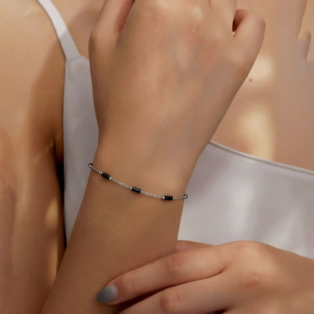 Black Bead Accent Pure Silver Bracelet - Made With Pure 925 Silver