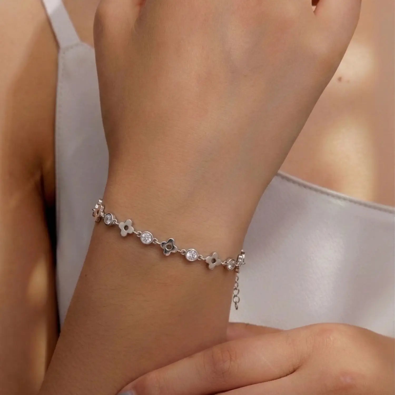 Delicate Floral CZ Pure Silver Bracelet - Made With Pure 925 Silver