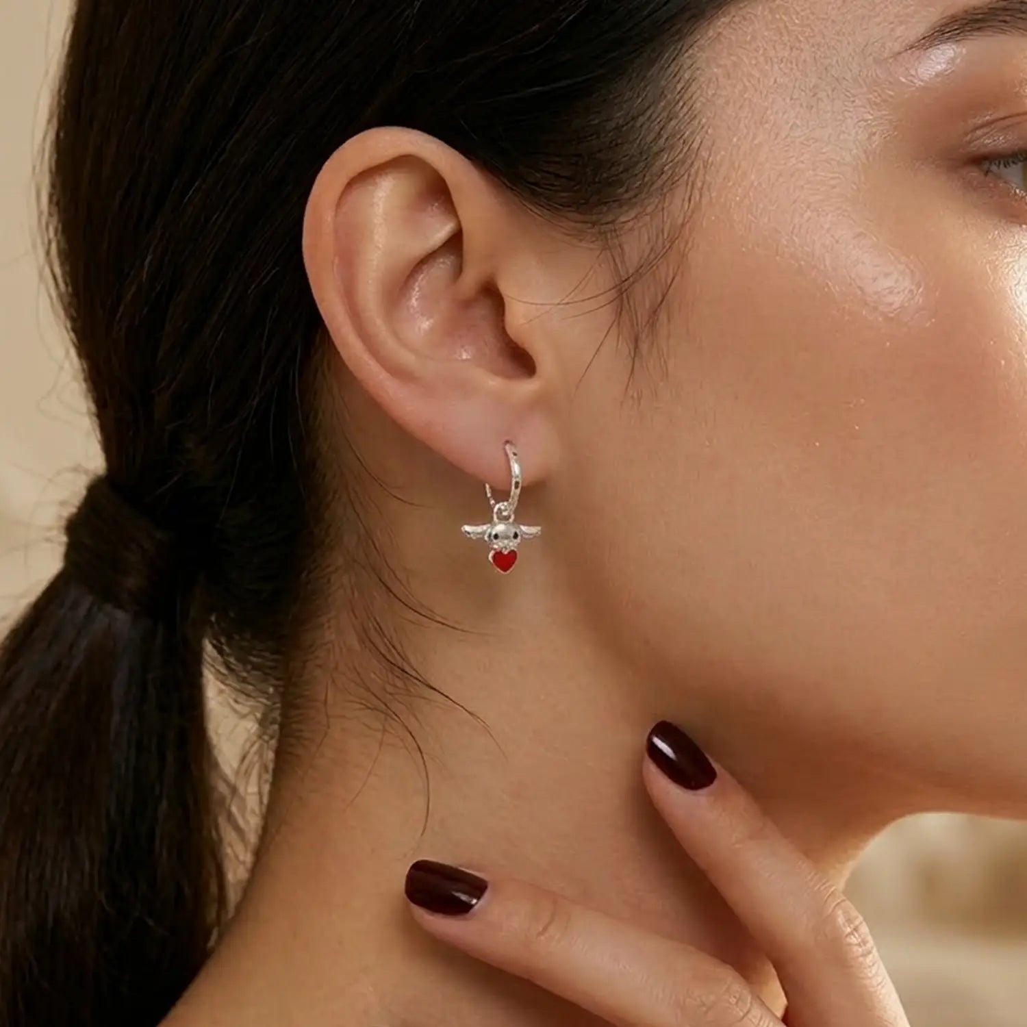 Cute Character Heart Charm Silver Hoop Earrings - Made With Pure 925 Silver