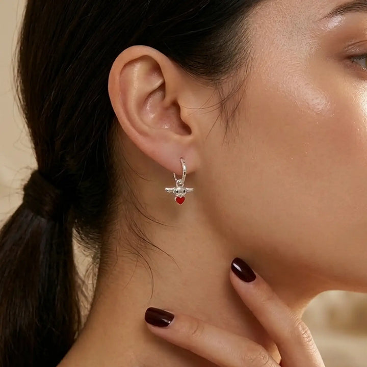 Cute Character Heart Charm Silver Hoop Earrings - Made With Pure 925 Silver