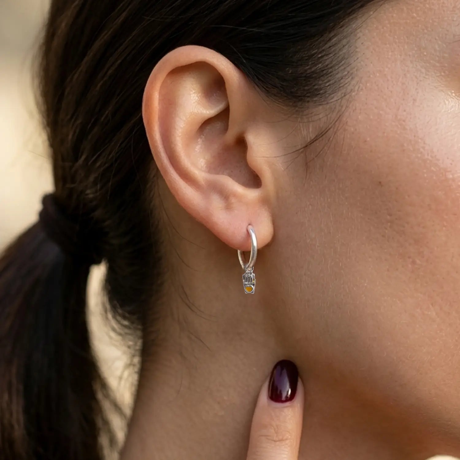 Minimal Hand Charm Silver Hoop Earrings - Made With Pure 925 Silver