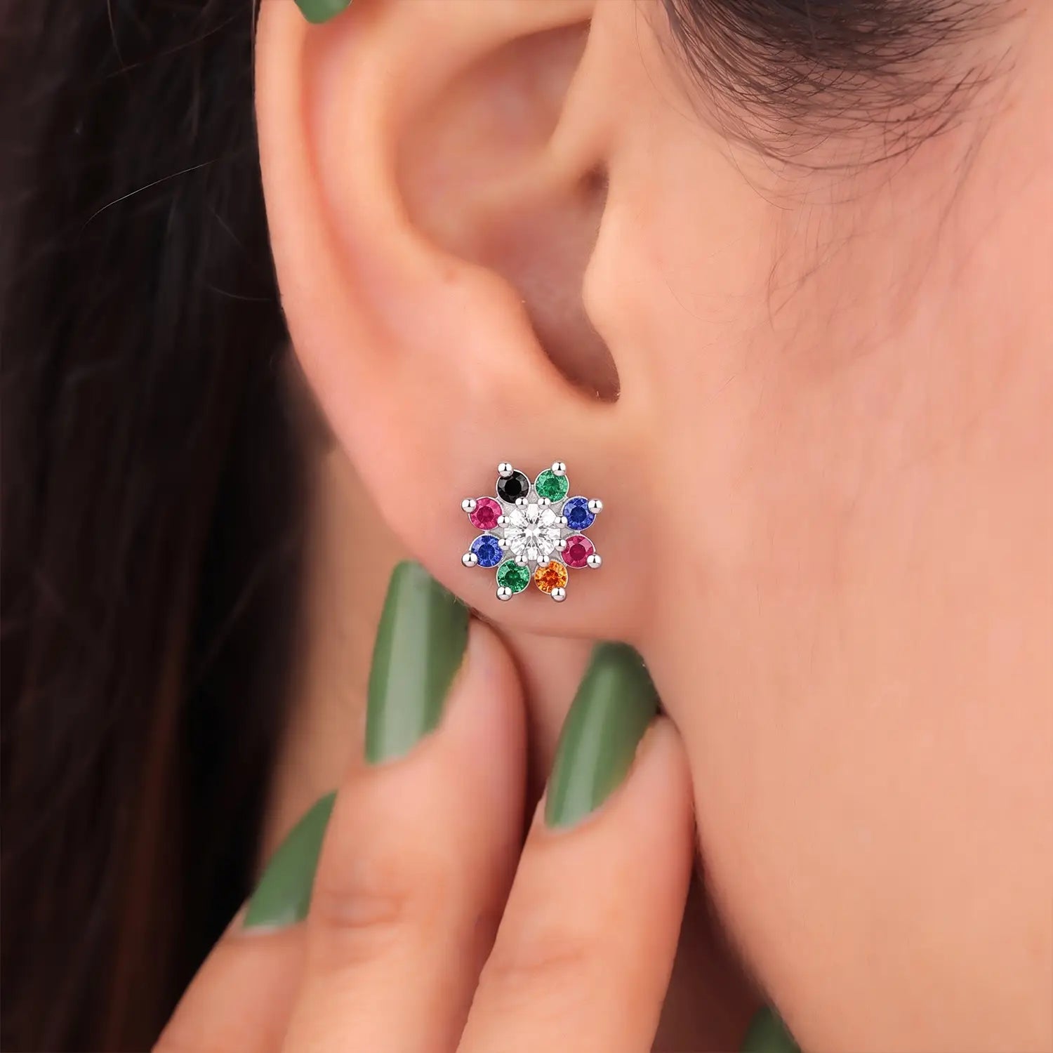Multicolor Floral Gemstone Silver Stud Earrings - Made With Pure 925 Silver