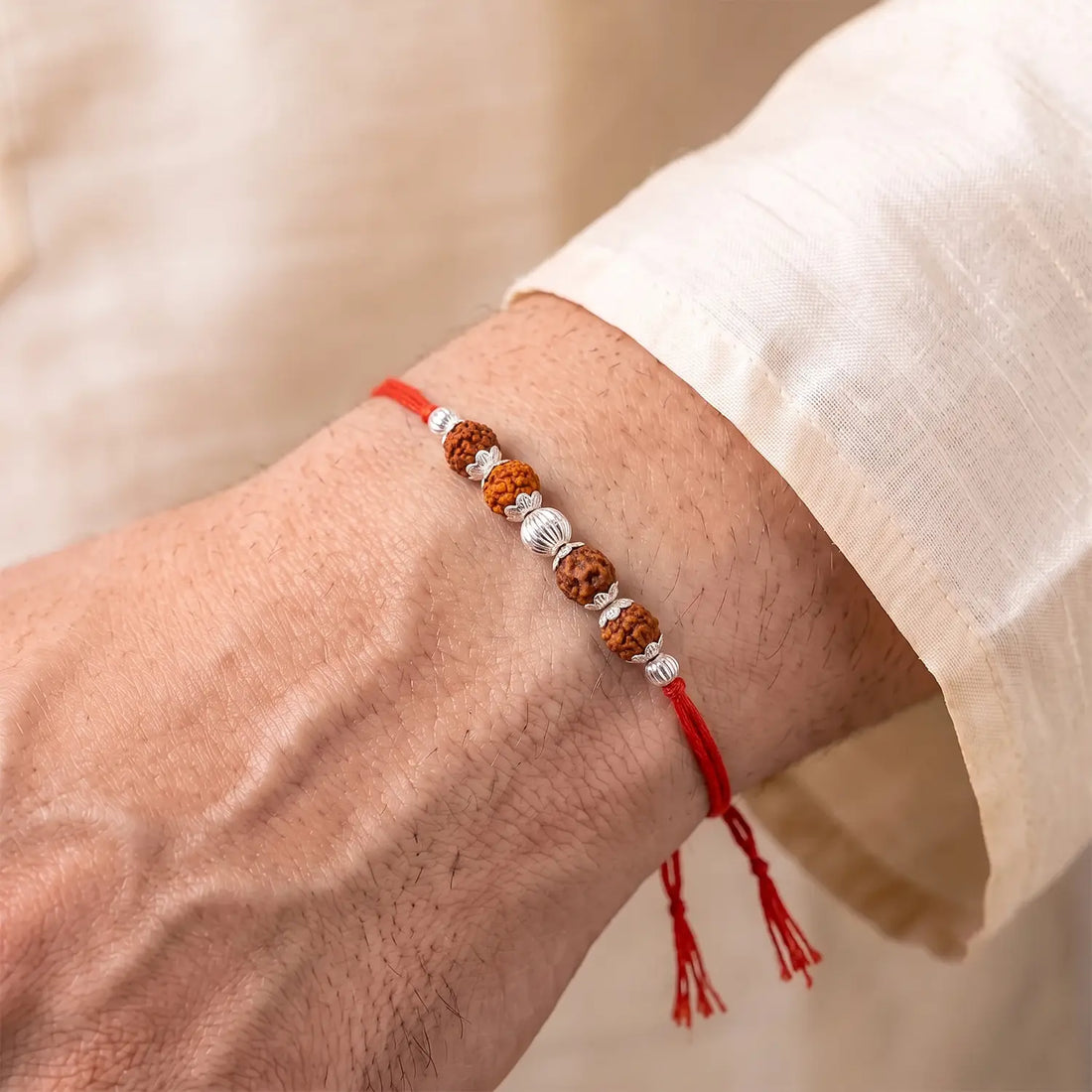 Divine Panch Rudraksha Silver Rakhi - Made With Pure 925 Silver