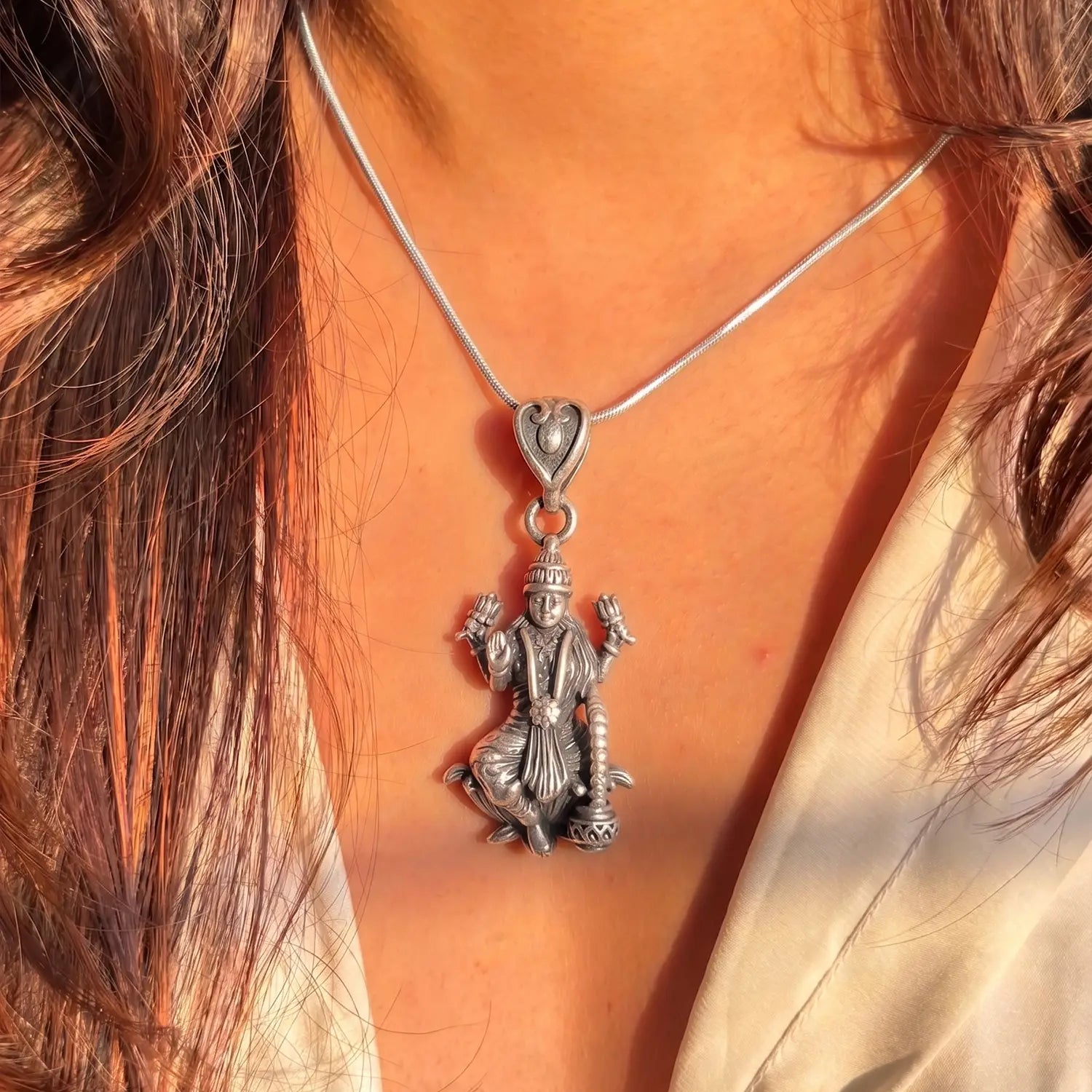 Divine Goddess Lakshmi Oxidised Silver Pendant - Made With Pure 925 Silver