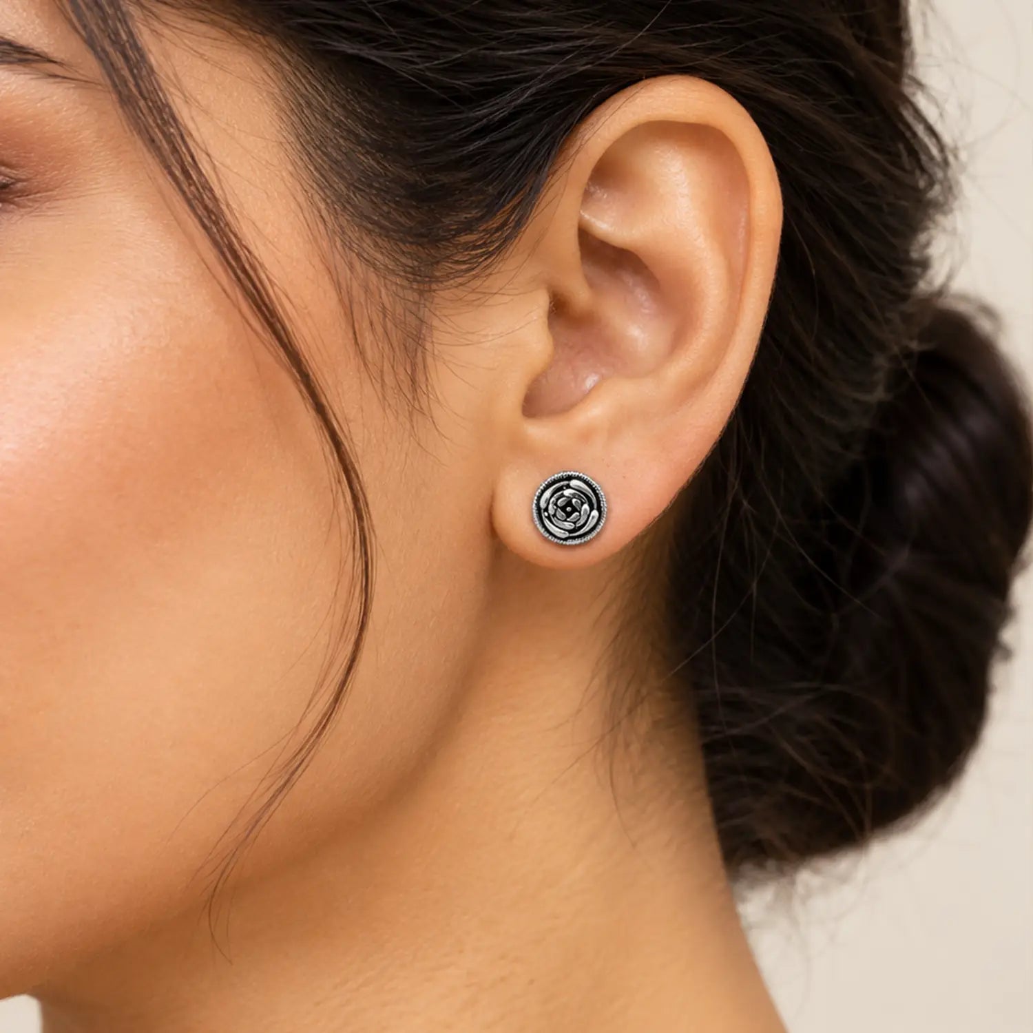Vintage Rose Oxidised Silver Stud Earrings - Made With Pure 925 Silver
