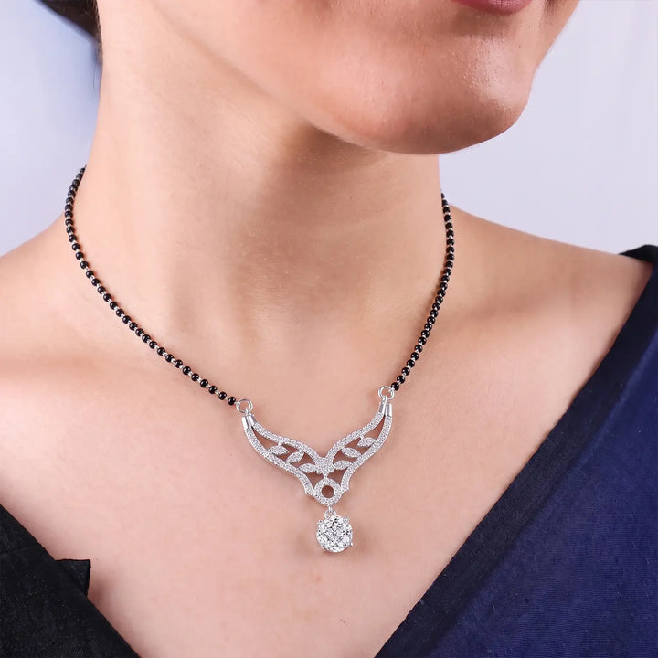Elegant V-Shaped Crystal Drop Black Bead Mangalsutra - Made With Pure 925 Silver